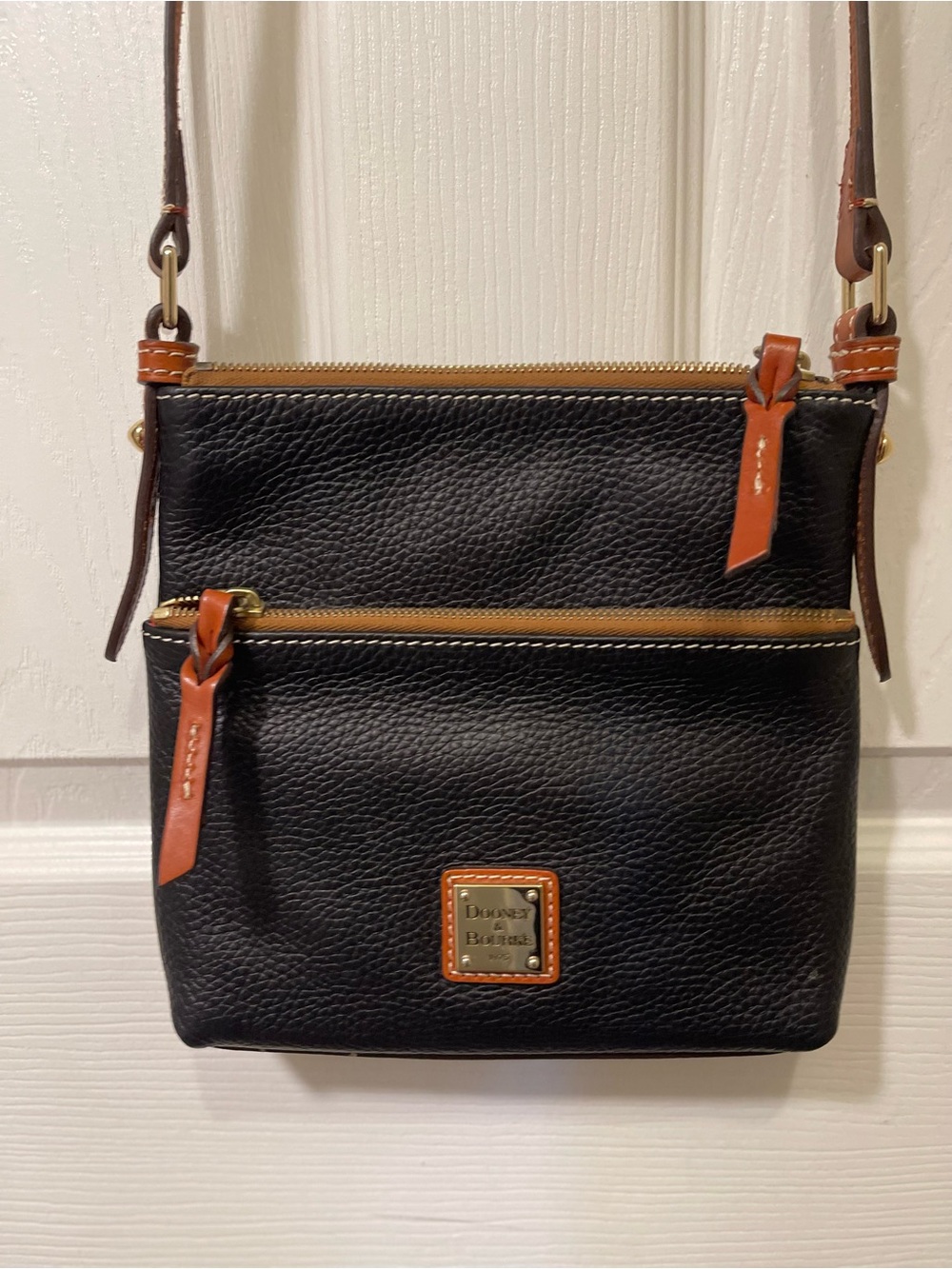 Dooney & Bourke Black Pebble Leather Crossbody with Tan Trim